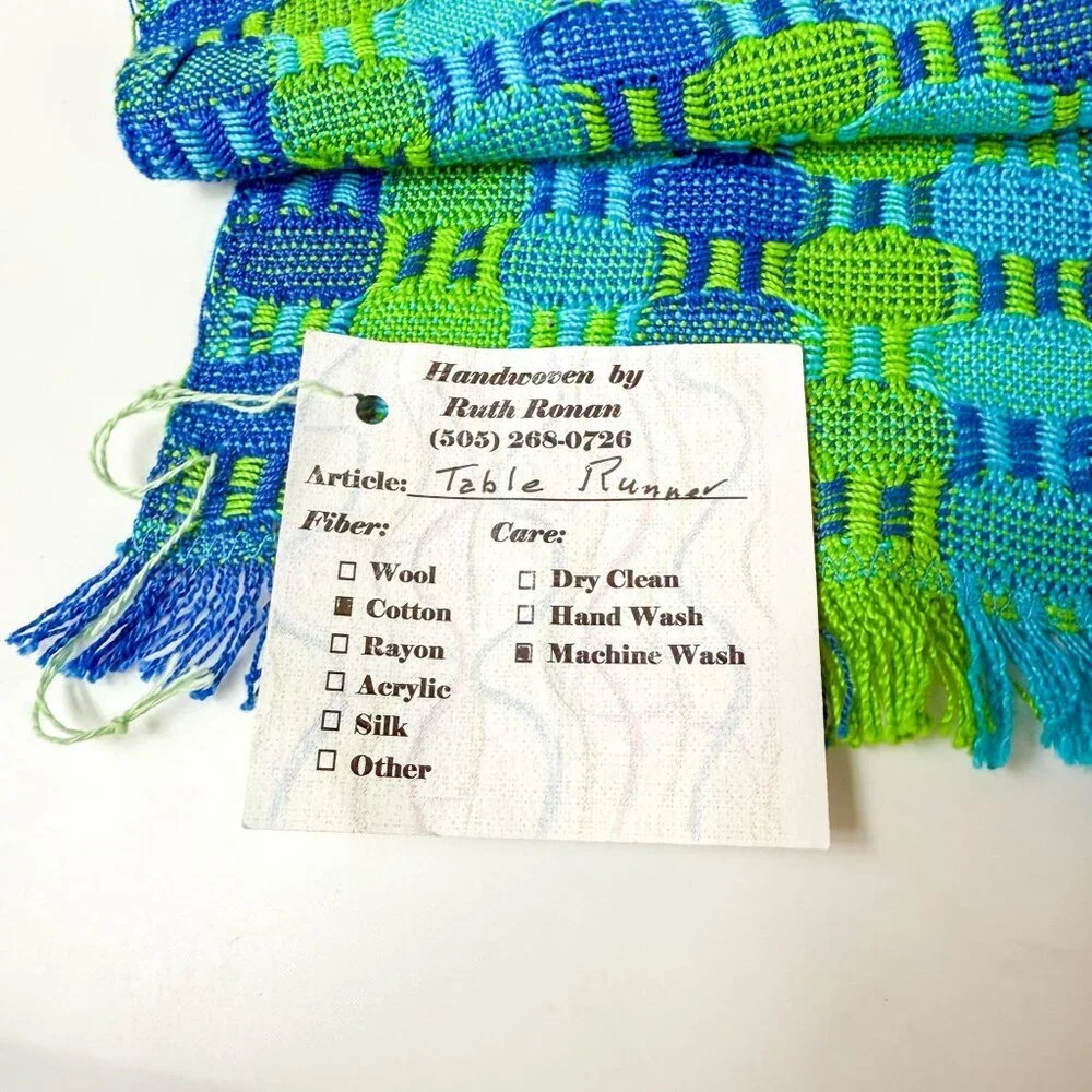 Artist Weaver Ruth Ronan Handwoven Blue Green Table Runner